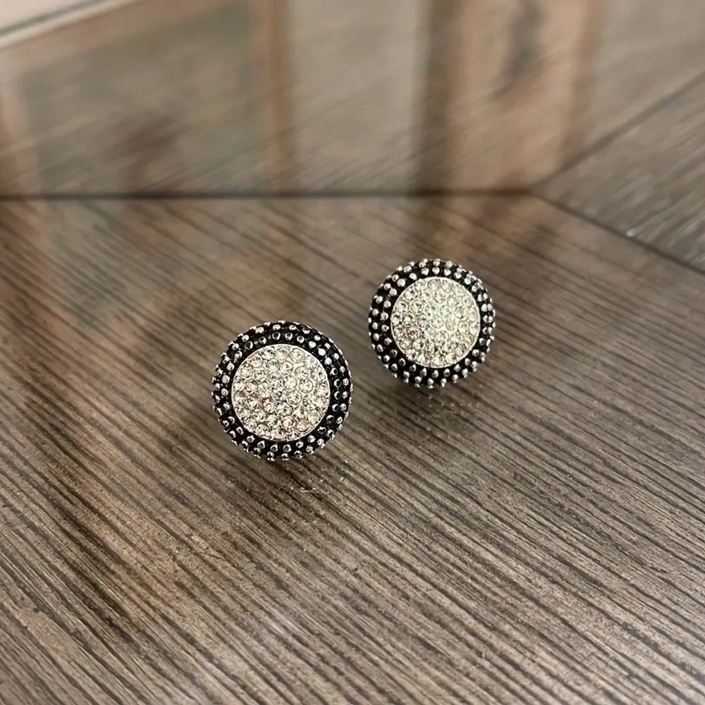 Vintage Round Button Clip Earrings with Rhinestone Pave Centers